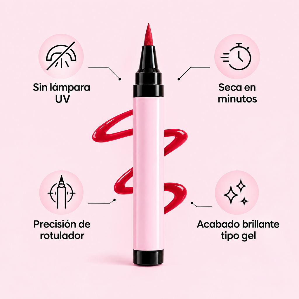 Beneficios: sin lámpara UV, seca en minutos, precisión de rotulador