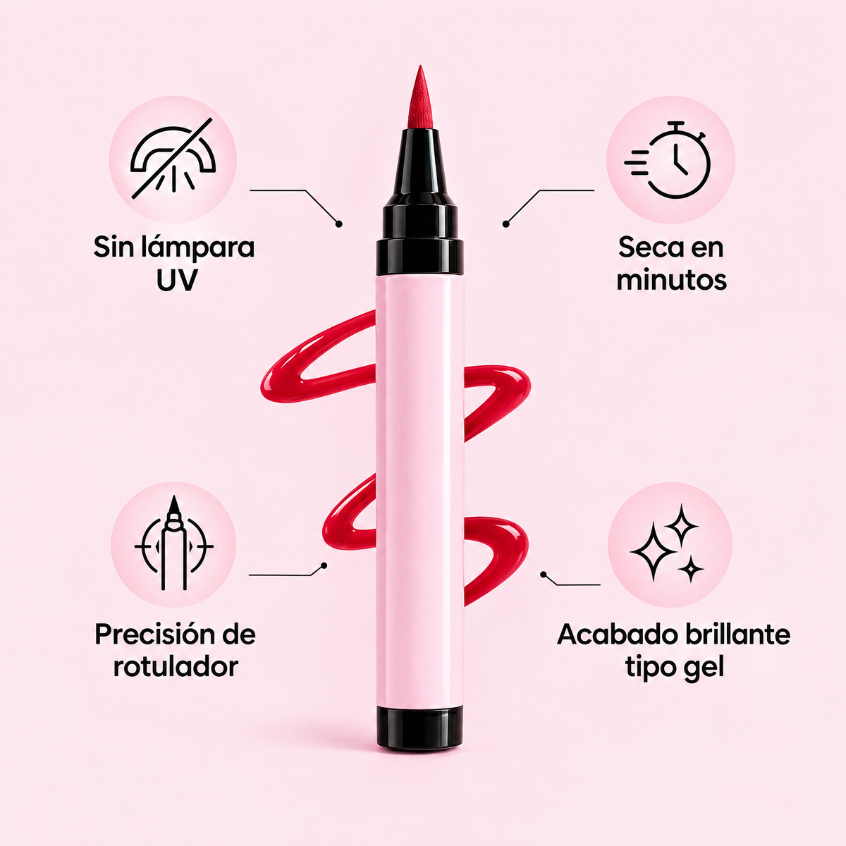 Beneficios: sin lámpara UV, seca en minutos, precisión de rotulador